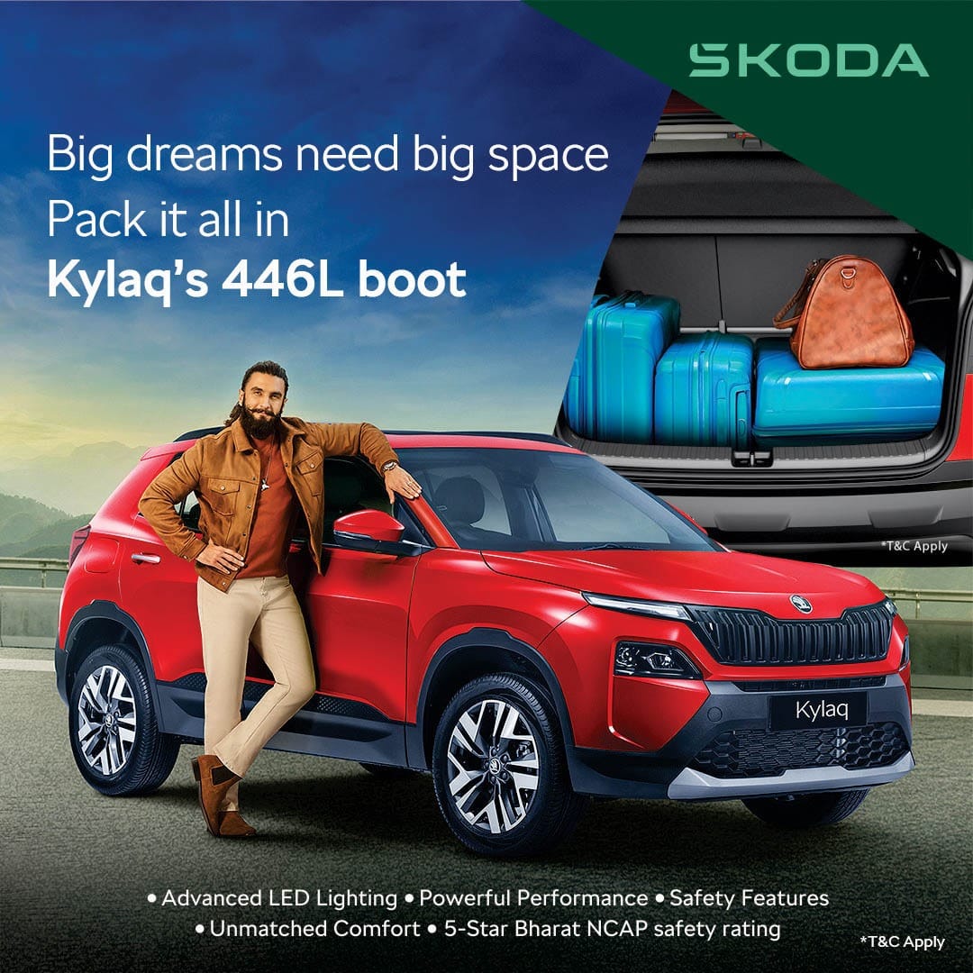 Škoda Kylaq red SUV with brand ambassador posing beside it and open boot showing 446L luggage space.